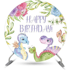 Aperturee - Colorful Dinosaurs Floral Round Birthday Backdrop