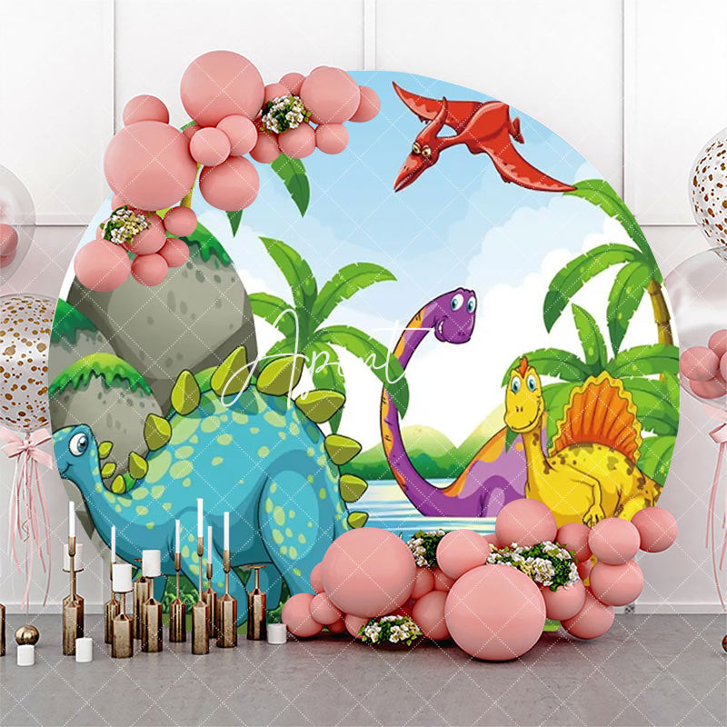 Aperturee - Colorful Dinosaurs Palm Trees Round Party Backdrop