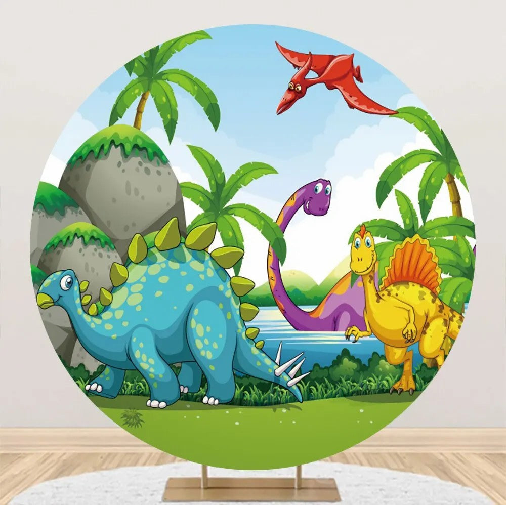 Aperturee - Colorful Dinosaurs Palm Trees Round Party Backdrop