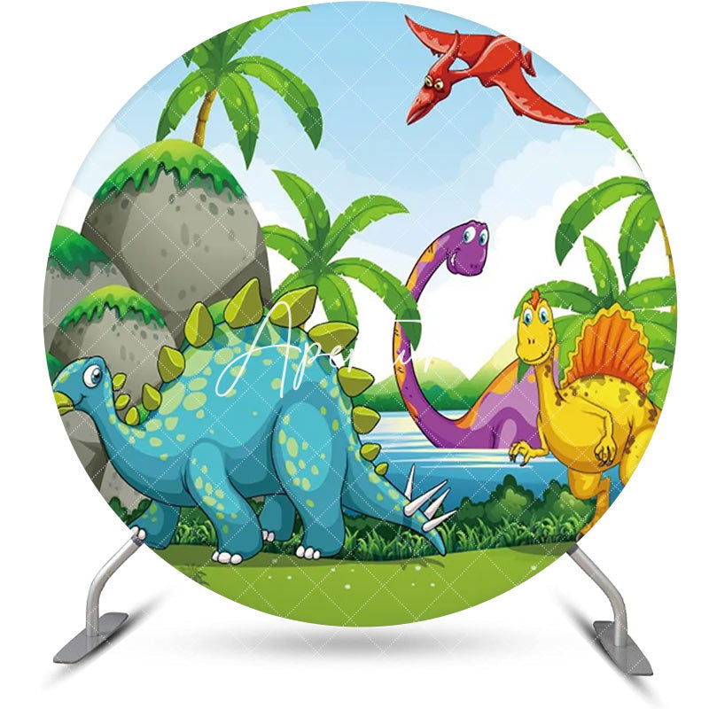 Aperturee - Colorful Dinosaurs Palm Trees Round Party Backdrop