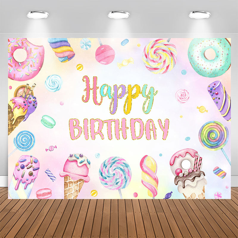 Aperturee - Colorful Donut Pink Candy Happy Birthday Backdrop