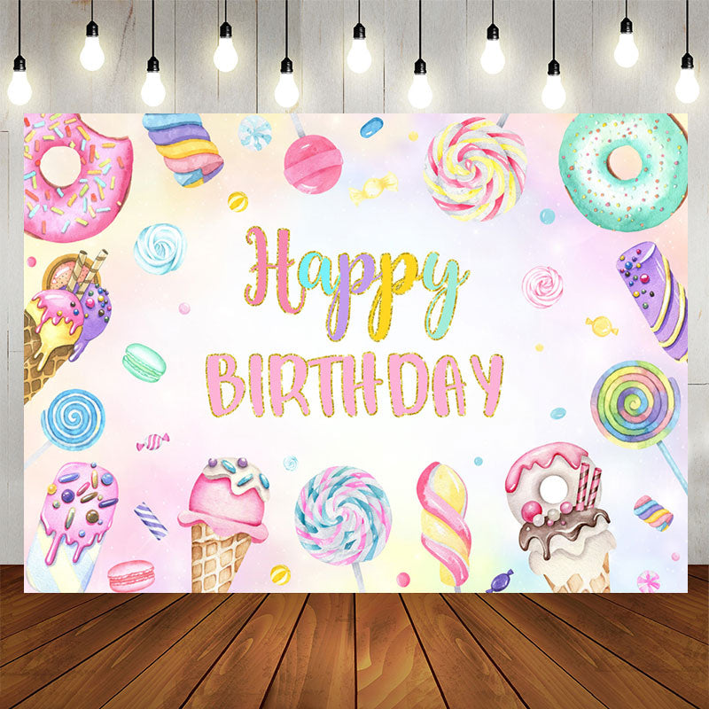 Aperturee - Colorful Donut Pink Candy Happy Birthday Backdrop