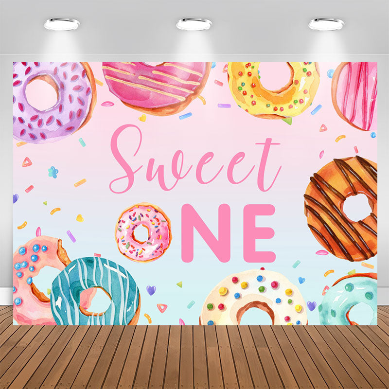 Aperturee - Colorful Donut Themed Sweet One Happy Birthday Backdrop