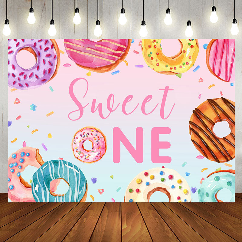 Aperturee - Colorful Donut Themed Sweet One Happy Birthday Backdrop