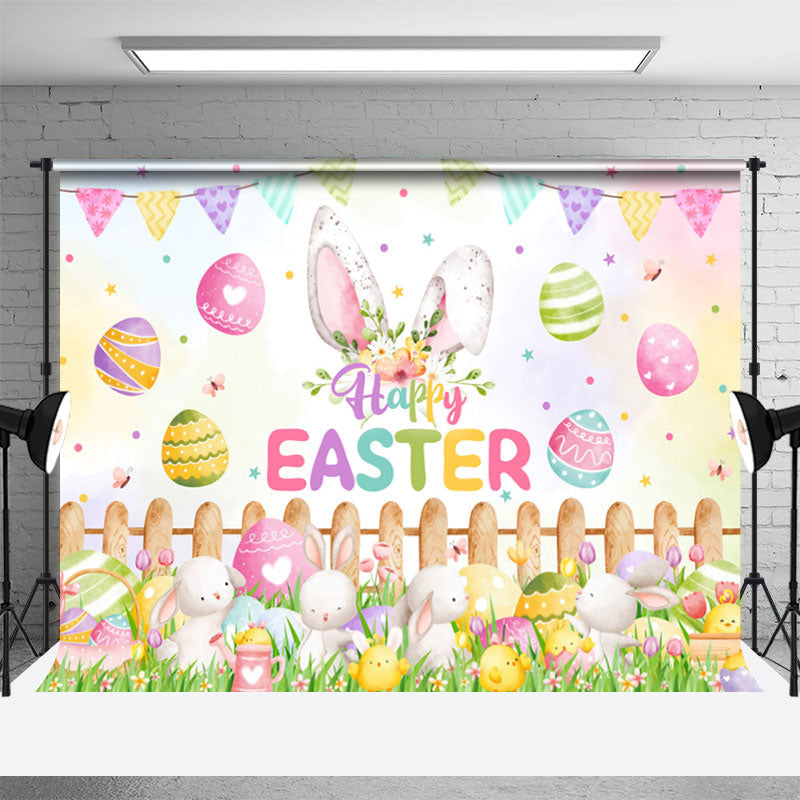 Aperturee - Colorful Eggs Bunny Meadow Happy Easter Backdrop