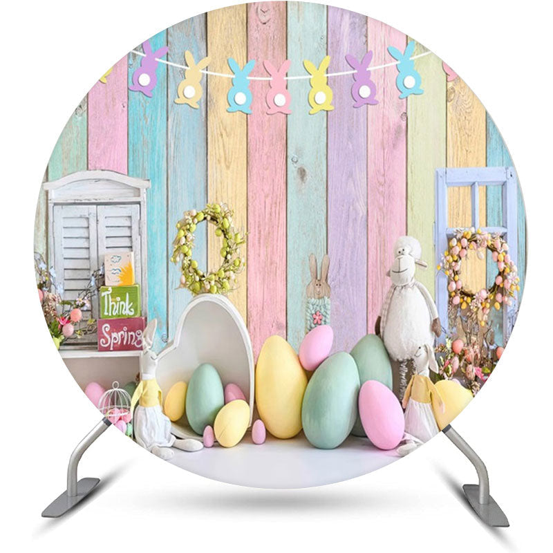 Aperturee - Colorful Eggs Wood Rerto Wall Round Easter Backdrop