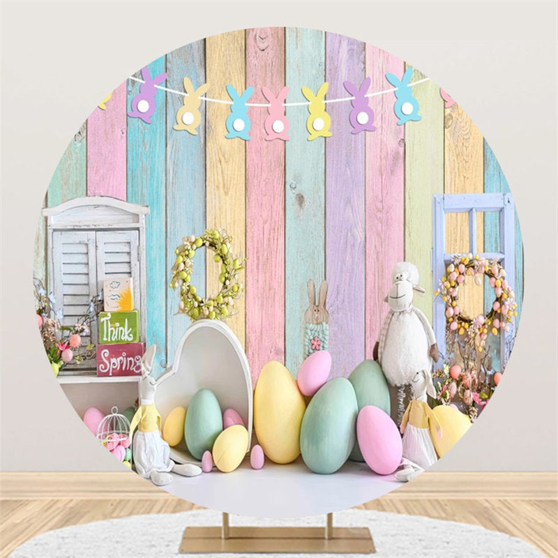 Aperturee - Colorful Eggs Wood Rerto Wall Round Easter Backdrop