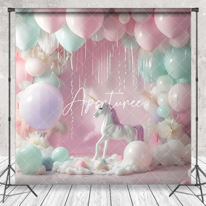 Aperturee - Colorful Fairy Tale Balloons Unicorn Photo Backdrop