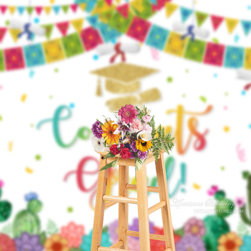 Aperturee - Colorful Flag Floral Mexican Congrats Grad Backdrop