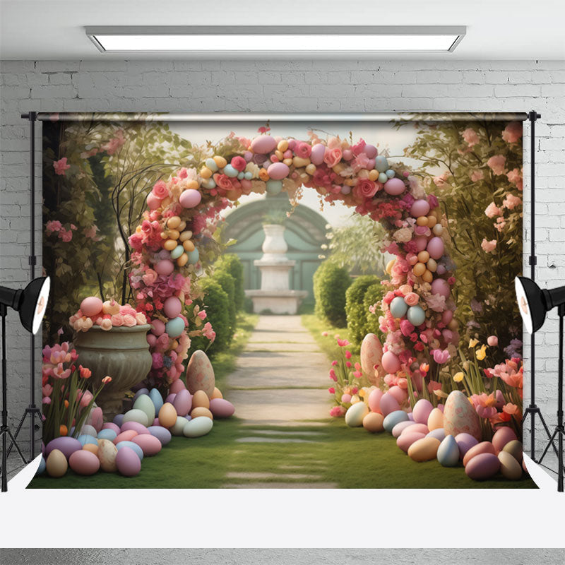 Aperturee - Colorful Floral Arch Door Eggs Road Easter Backdrop