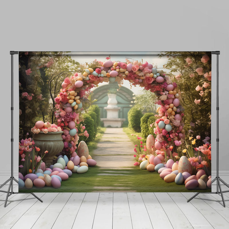 Aperturee - Colorful Floral Arch Door Eggs Road Easter Backdrop