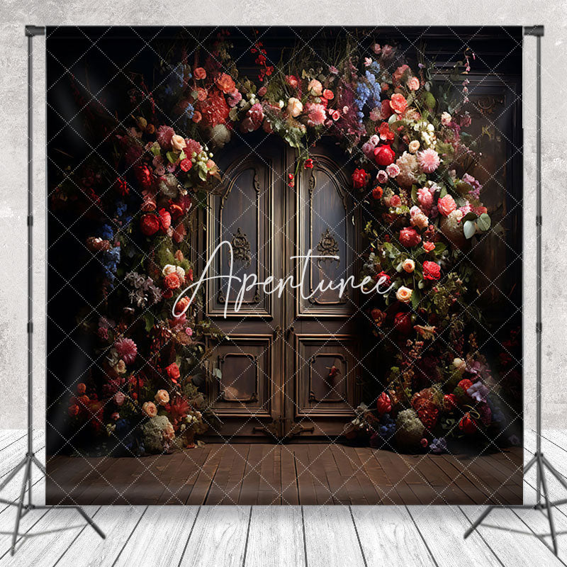 Aperturee - Colorful Floral Brown Vintage Door Photo Backdrop