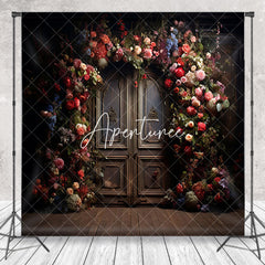 Aperturee - Colorful Floral Brown Vintage Door Photo Backdrop