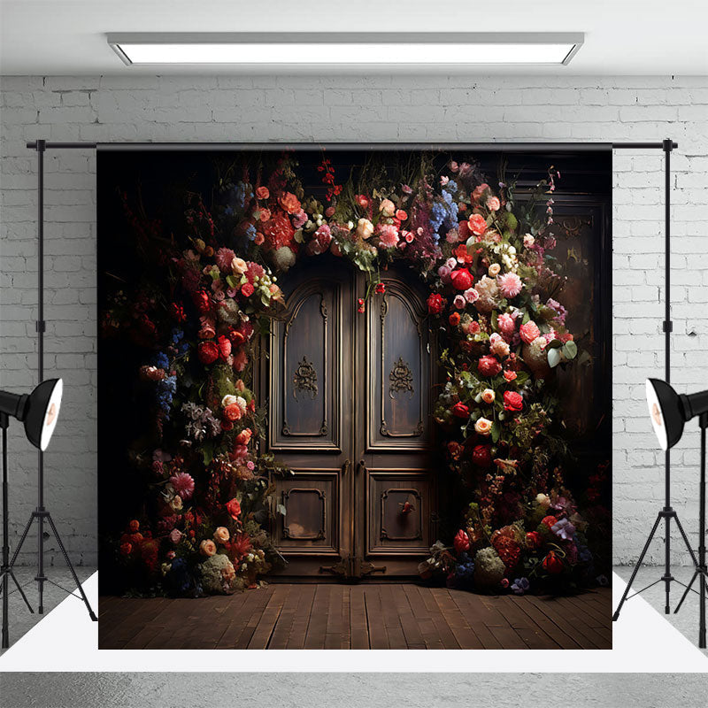 Aperturee - Colorful Floral Brown Vintage Door Photo Backdrop