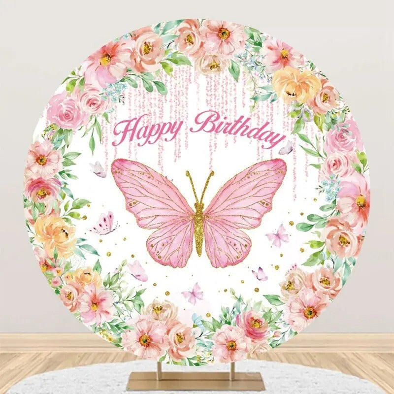 Aperturee - Colorful Floral Butterfly Round Birthday Backdrop