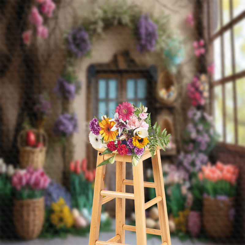 Aperturee - Colorful Floral Egg Brown Door Easter Photo Backdrop