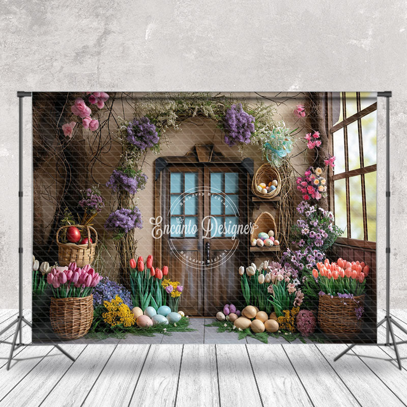 Aperturee - Colorful Floral Egg Brown Door Easter Photo Backdrop