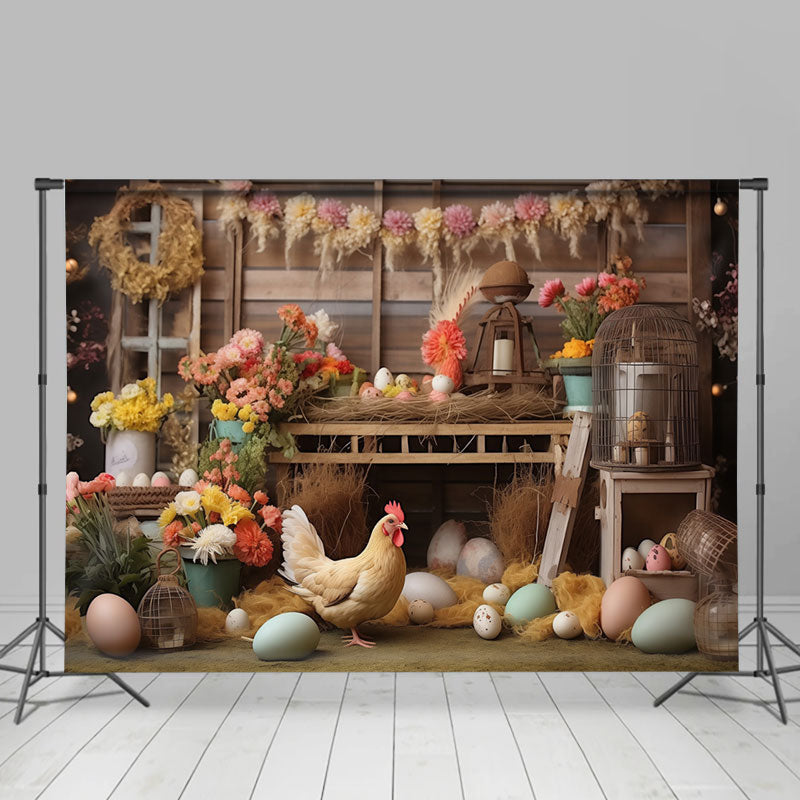 Aperturee - Colorful Floral Egg Hen Wooden Shelf Easter Backdrop