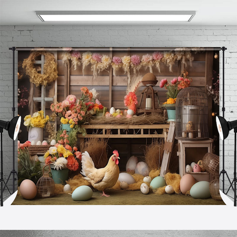 Aperturee - Colorful Floral Egg Hen Wooden Shelf Easter Backdrop