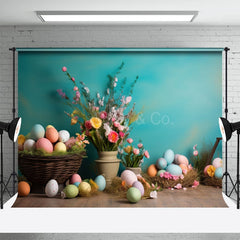 Aperturee - Colorful Floral Eggs Basket Easter Photo Backdrops