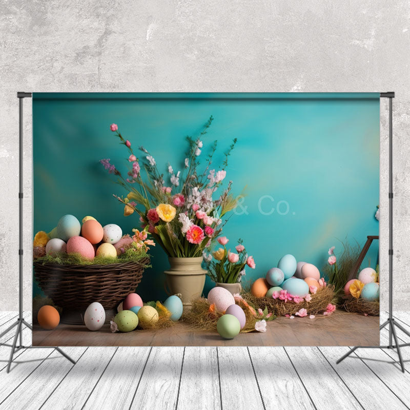 Aperturee - Colorful Floral Eggs Basket Easter Photo Backdrops