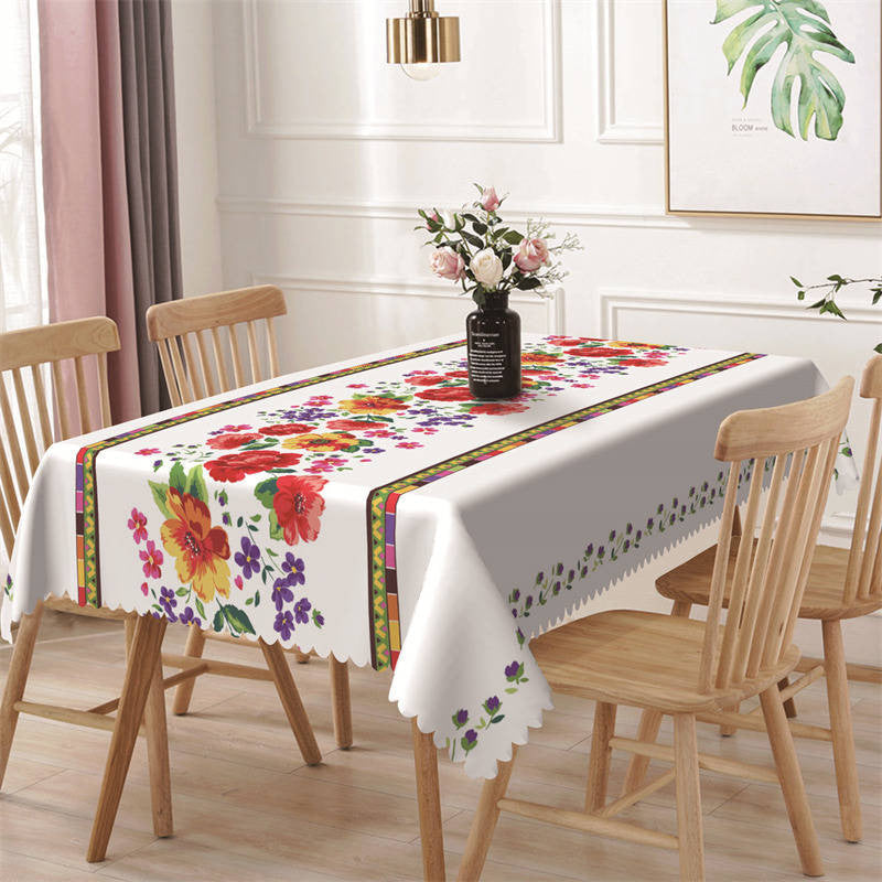 Aperturee - Colorful Floral Ethnic White Rectangle Tablecloth