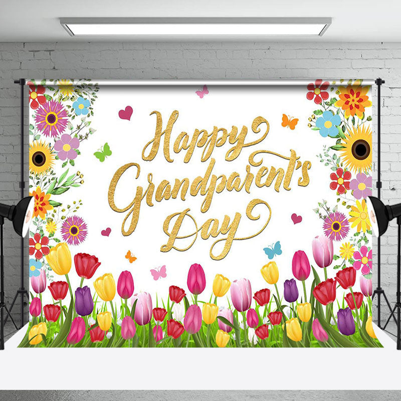 Aperturee - Colorful Floral Gold Happy Grandparents Day Backdrop