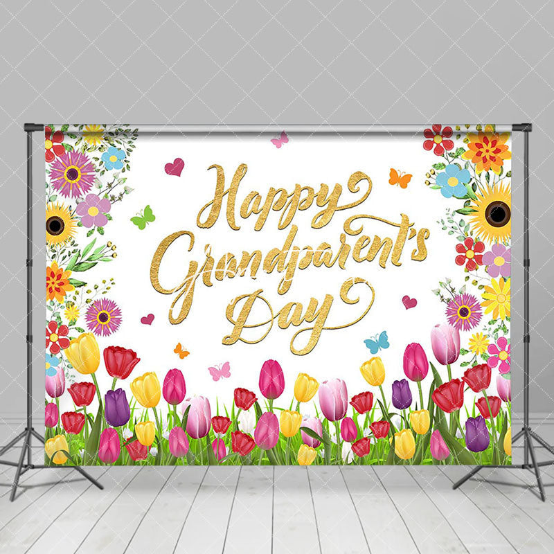 Aperturee - Colorful Floral Gold Happy Grandparents Day Backdrop