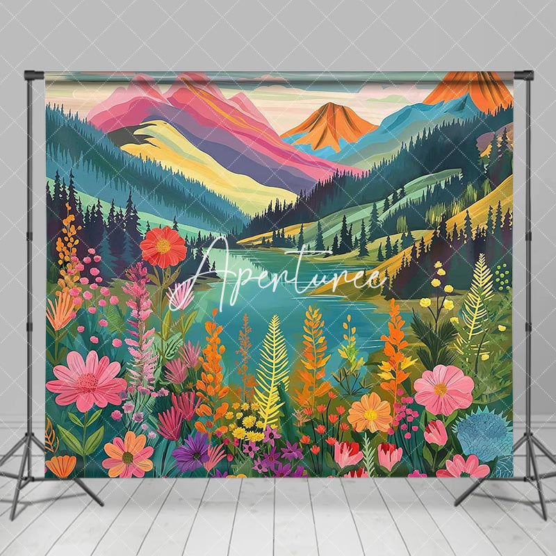 Aperturee - Colorful Floral Mountains Natural Scenery Backdrop