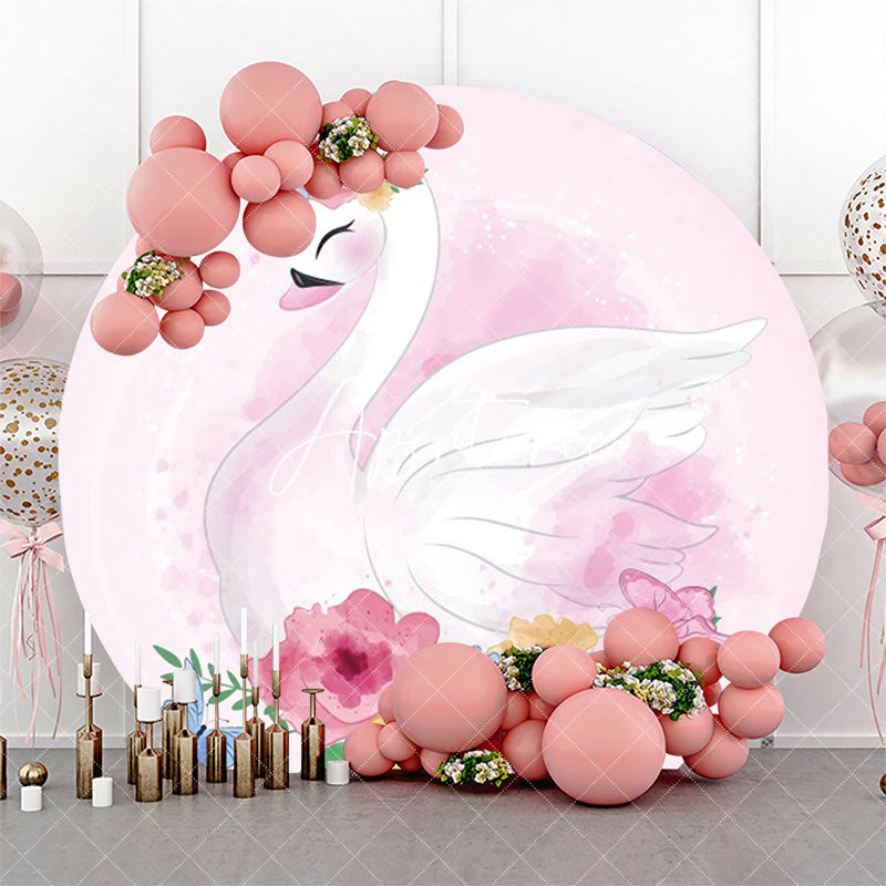 Aperturee - Colorful Floral Pink Swan Round Birthday Backdrop