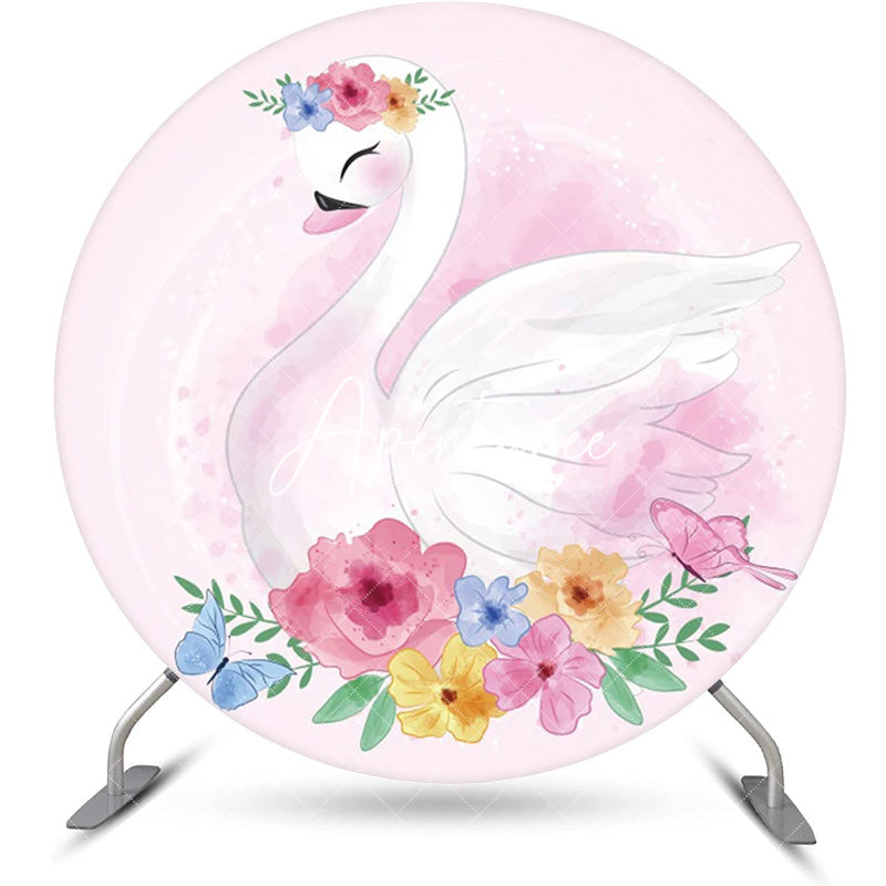 Aperturee - Colorful Floral Pink Swan Round Birthday Backdrop