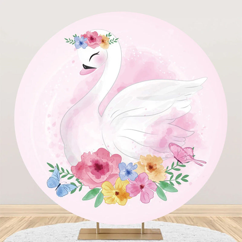 Aperturee - Colorful Floral Pink Swan Round Birthday Backdrop