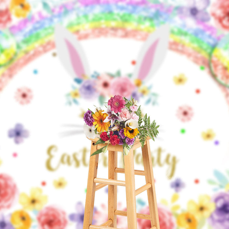 Aperturee - Colorful Floral Rainbow Rabbit Easter Party Backdrop