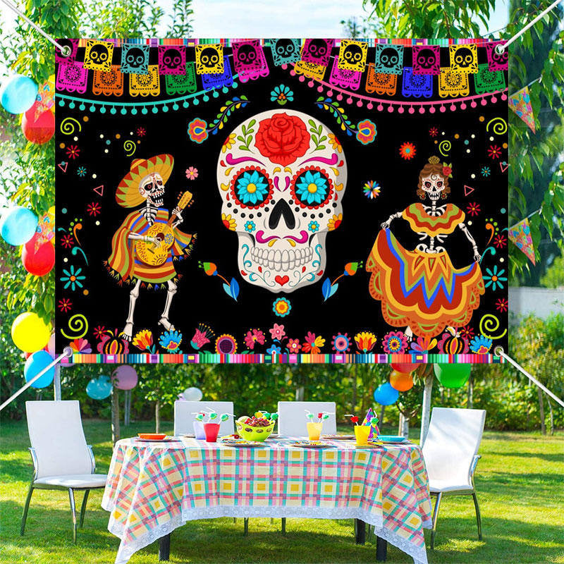 Aperturee - Colorful Floral Skull Black Mexican Fiesta Backdrop