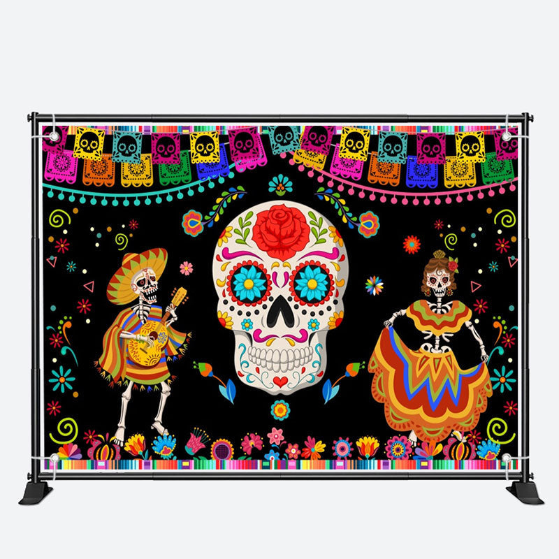 Aperturee - Colorful Floral Skull Black Mexican Fiesta Backdrop