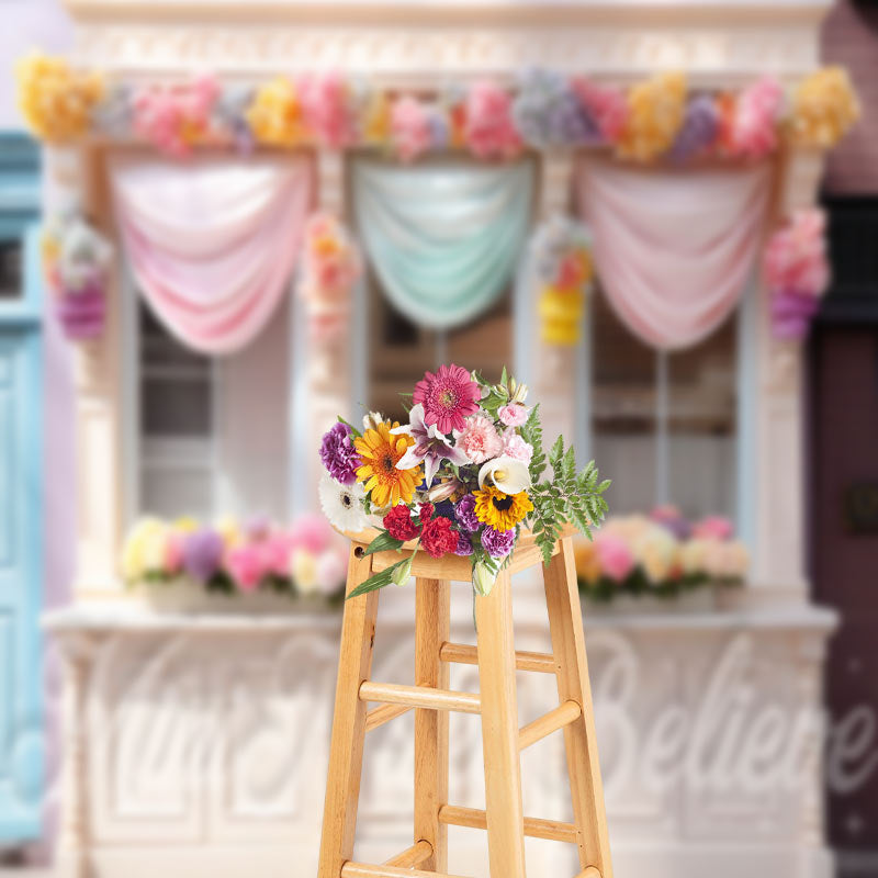 Aperturee - Colorful Floral Store Window Curtain Photo Backdrop