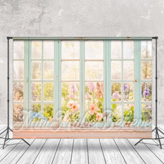 Aperturee - Colorful Floral Warm Sunshine Wooden Window Backdrop