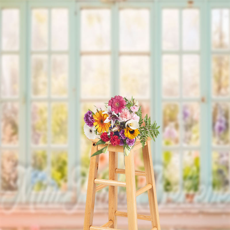 Aperturee - Colorful Floral Warm Sunshine Wooden Window Backdrop