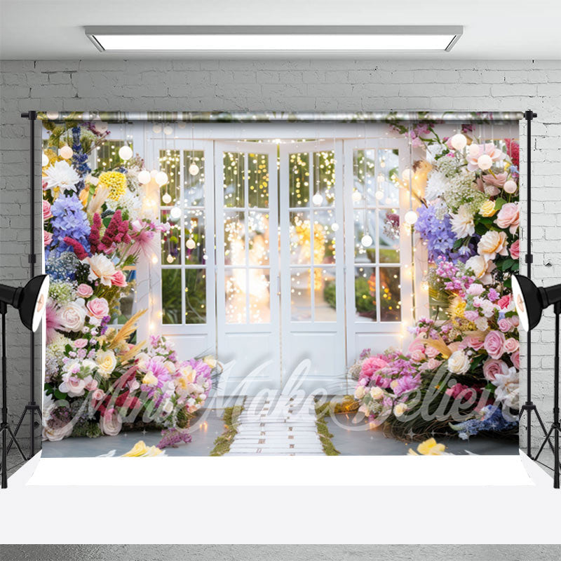 Aperturee - Colorful Floral White Door Spring Photo Backdrop