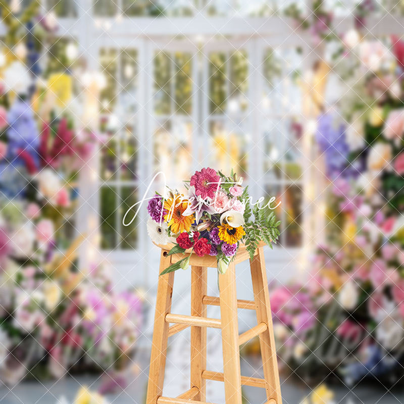 Aperturee - Colorful Floral White Door Spring Photo Backdrop