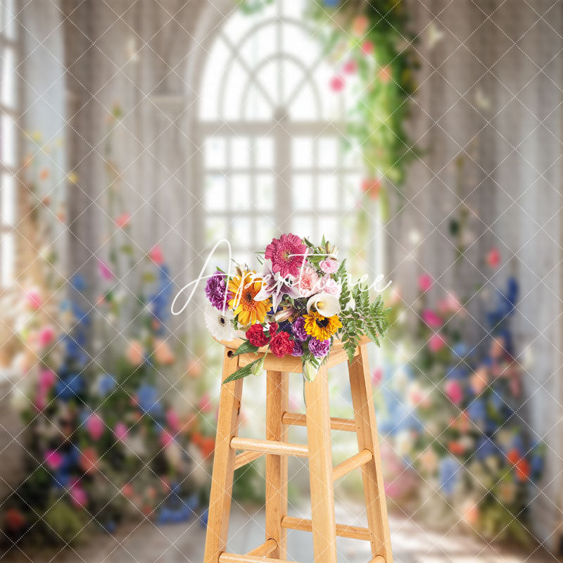 Aperturee - Colorful Floral White Retro Window Wedding Backdrop