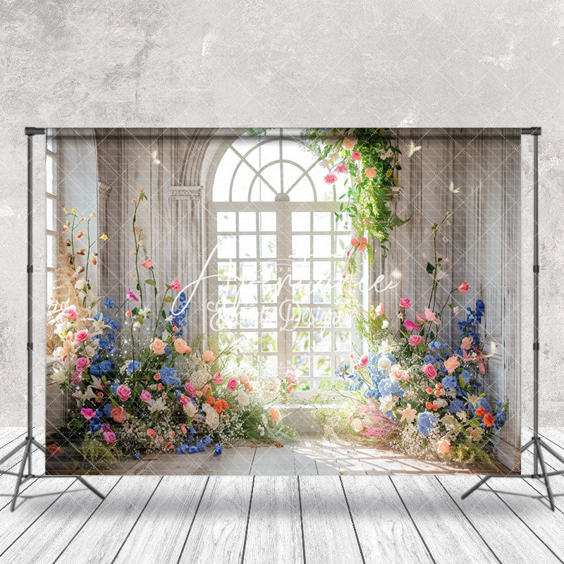 Aperturee - Colorful Floral White Retro Window Wedding Backdrop