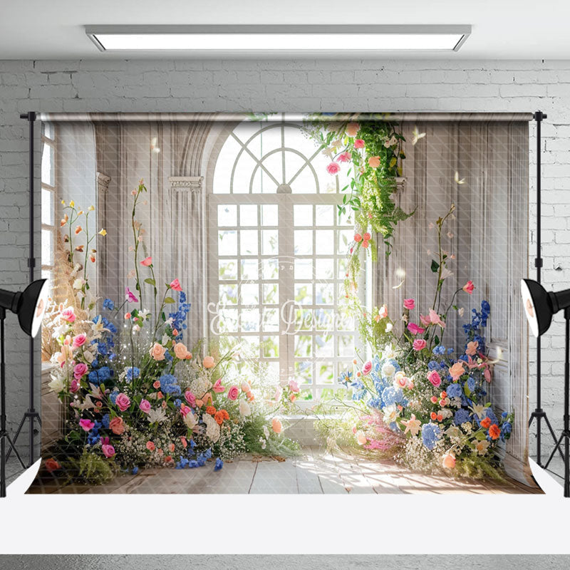 Aperturee - Colorful Floral White Retro Window Wedding Backdrop