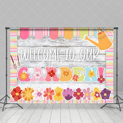 Aperturee - Colorful Floral Wooden Welcome To Our Garden Backdrop