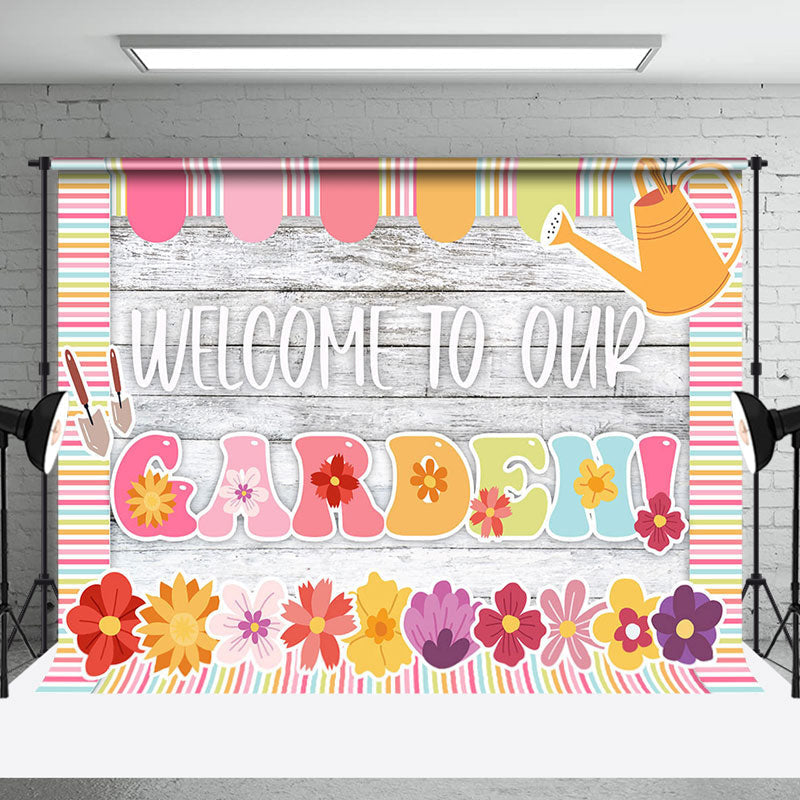 Aperturee - Colorful Floral Wooden Welcome To Our Garden Backdrop