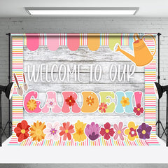 Aperturee - Colorful Floral Wooden Welcome To Our Garden Backdrop