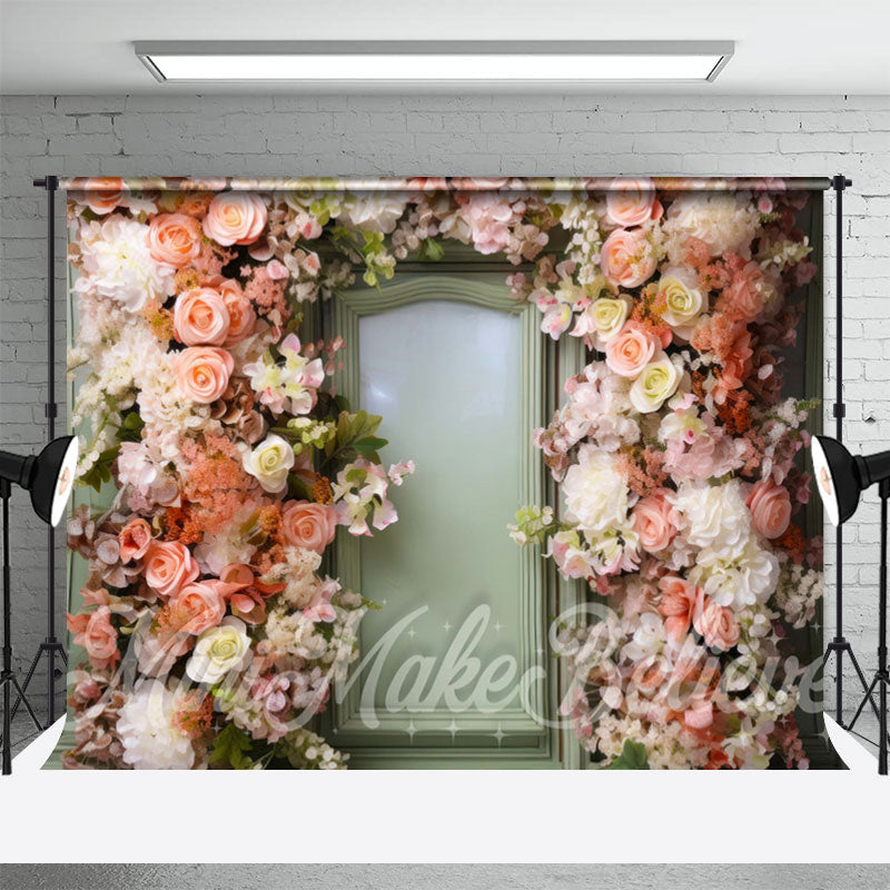 Aperturee - Colorful Flowers Light Green Door Floral Backdrop