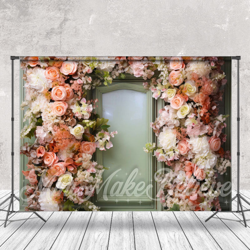 Aperturee - Colorful Flowers Light Green Door Floral Backdrop