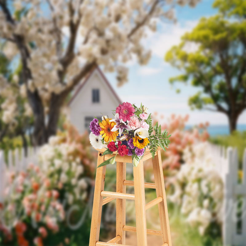 Aperturee - Colorful Flowers Wooden Fence House Spring Backdrop