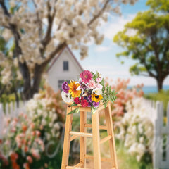 Aperturee - Colorful Flowers Wooden Fence House Spring Backdrop